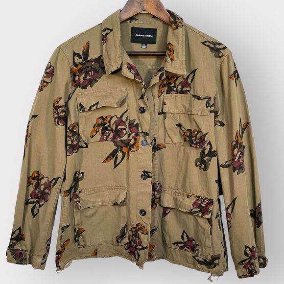 Jealous‎ Tomato Utility Jacket Women M Green Floral Frayed Hem Button Front O94 - Picture 1 of 14